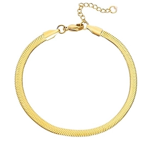 Minimalist gold snake chain bracelet with adjustable extender and lobster clasp on white background