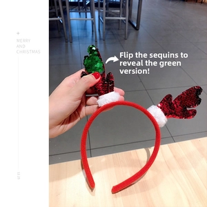 Detail of reversible sequin Christmas reindeer headband showing red and green flip effect