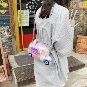 Detail of colorful laser PU ice cream truck crossbody bag with gold chain strap