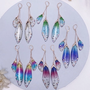 Macro detail of gradient cicada wing earrings with S925 silver hooks and crystal accents