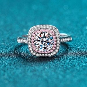 925 Sterling Silver Moissanite Ring Double Square Halo Pink White Cubic Zirconia Round Sparkling Luxury Jewelry For Women