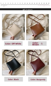 Detail view of stylish leather bucket bags in cream, brown, black, and burgundy colors
