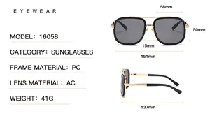 Detailed size chart for oversized metal frame aviator sunglasses with dimensions