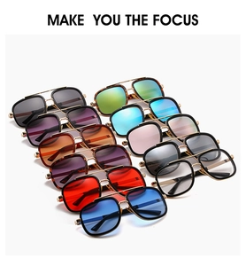 Flat lay of metal double bridge square sunglasses in various trendy vibrant lens colors