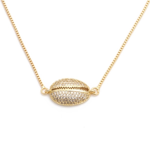 Gold shell pendant necklace with cubic zirconia pave and box chain on white background