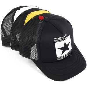 Detail of multi-color mesh trucker caps with star print and breathable fabric texture