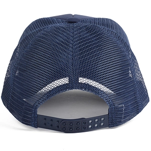 Rear view of navy blue mesh trucker hat showing breathable mesh and adjustable plastic strap