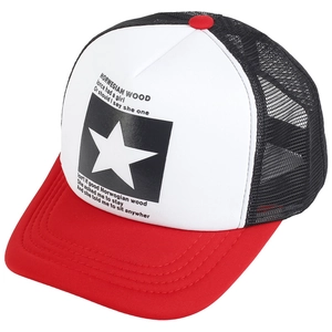 Detail of red and black mesh trucker hat featuring a pentagram star print and mesh back