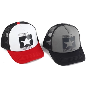 Close-up of breathable mesh fabric and pentagram star print on vintage trucker hats