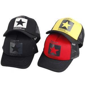 Detail view of pentagram trucker caps with breathable mesh in multiple color combinations
