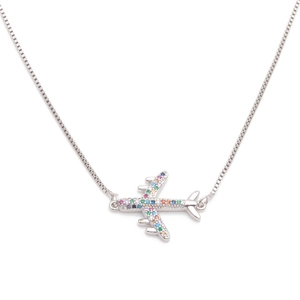 Silver airplane pendant necklace with multi-color cubic zirconia on a white background