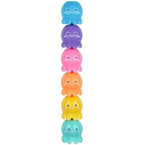 Close-up of six colorful stackable octopus highlighters in a vertical row on white background