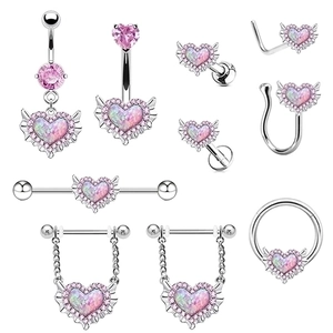 Pink heart opal piercing set with silver wings for belly button, nose, and ears