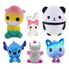 Detailed view of slow-rising squishy toys featuring panda, bunny, and unicorn figures