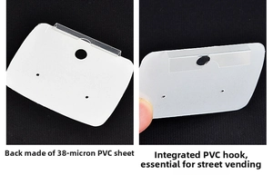 Detail of white PVC earring display card featuring 38 silk thickness and integrated hook