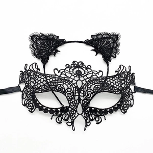 Set sexy de serre-tête oreilles de chat en dentelle noire et masque pour Halloween