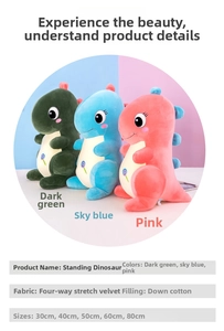 Detailed chart showing pink, blue and green dinosaur plush sizes and soft materials