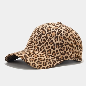 Close-up of stylish leopard print baseball cap with 6-panel design and curved brim