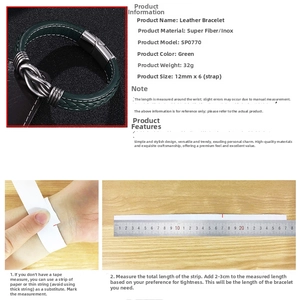 Detail view of green braided leather bracelet with stainless steel magnetic clasp and size guide