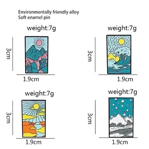 Size chart for seasonal scenery enamel pins showing dimensions and materials for four brooches