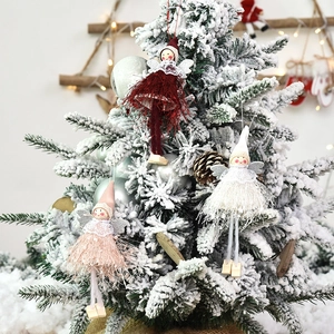 Christmas angel hanging ornaments with plush feather skirts and wooden feet for tree decor