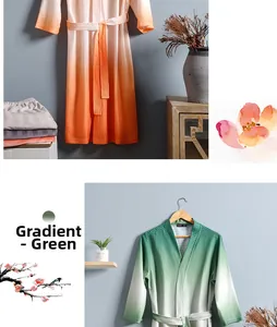 Detail of green gradient waffle robe showing breathable textured fabric and waist tie