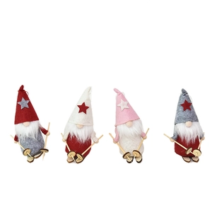 Set of 4 Christmas gnome ski pendants in red, gray, white, and pink felt with wood skis