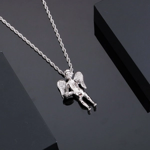 Silver stainless steel cupid angel pendant necklace with twisted rope chain on black background