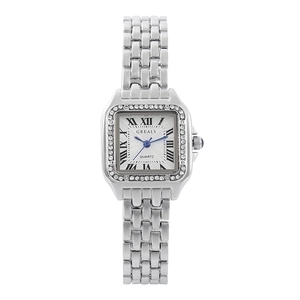 Women's silver square quartz watch with diamond bezel and roman numeral dial face