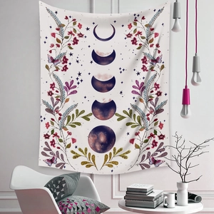 Bohemian moon phase tapestry with pink floral patterns for home wall decoration