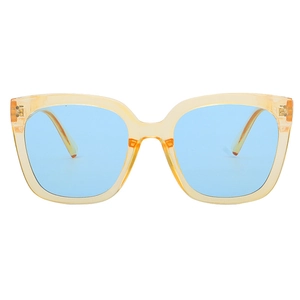 Cat-eye sunglasses with translucent amber frames and light blue lenses for a stylish look
