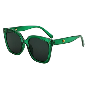 Stylish transparent green square sunglasses with dark grey lenses and gold metal stud accents