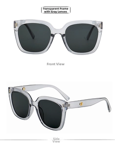 Front and side view of large transparent frame sunglasses with dark grey lenses