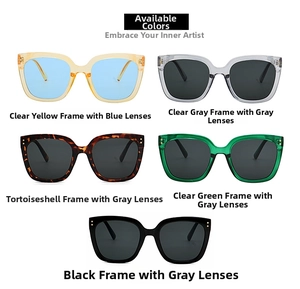 Matrix display of fashion oversized sunglasses in five colors including tortoiseshell and yellow