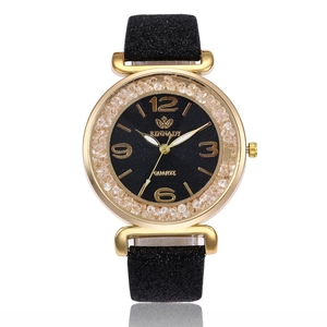 Elegante orologio al quarzo dorato con cinturino glitter nero e quadrante con cristalli
