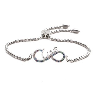 Silver infinity love bracelet in stainless steel with colorful zircon and adjustable chain