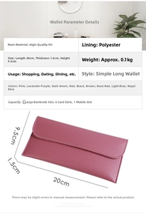 Detailed specs of pink faux leather long wallet showing interior slots and dimensions