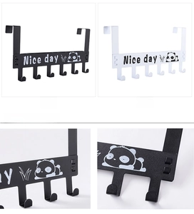Detail view of 6-hook over-door hanger with cartoon panda and Nice Day metal texture