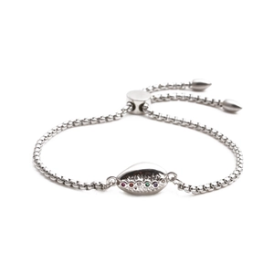 Adjustable stainless steel box chain bracelet featuring colorful conch shell pendant