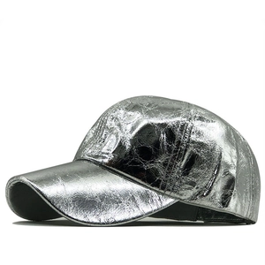 Unisex metallic silver baseball cap with reflective PU leather and crinkle texture