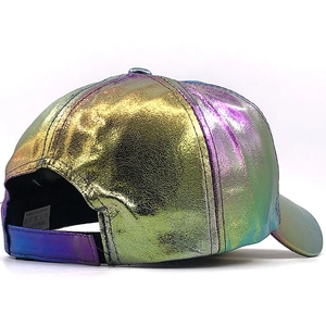 Rear view of laser metallic baseball cap with adjustable strap and iridescent gradient finish