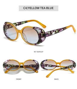 Detailed views of oval sunglasses featuring purple-green floral frames and gradient lenses