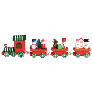 Wooden Christmas train toy with snowman and tree figures on white background