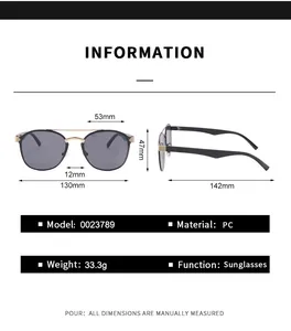 Detailed size chart for retro double-bridge pilot sunglasses showing precise frame dimensions