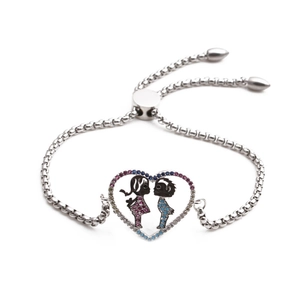 Polished stainless steel evil eye bracelet with heart charm and boy-girl silhouettes