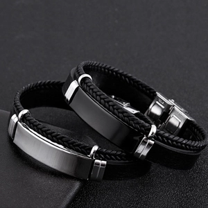Men's double-layered braided leather bracelet with black and silver stainless steel plates