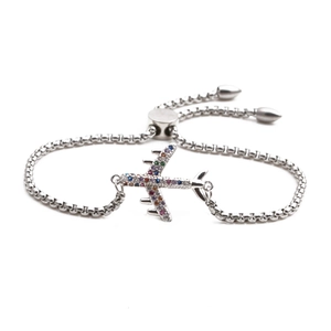 Adjustable stainless steel chain bracelet with a colorful rhinestone airplane pendant