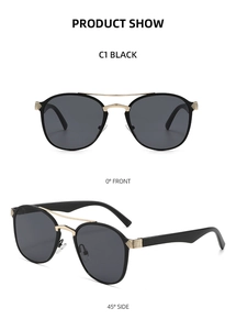 Detailed multi-angle views of retro oval sunglasses with black frames and gold double bridges