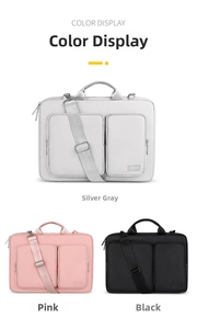 Waterproof laptop briefcase shown in gray, pink, and black with detachable shoulder strap