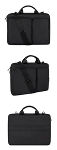 Three-view display of black waterproof laptop bag with shoulder strap and luggage strap